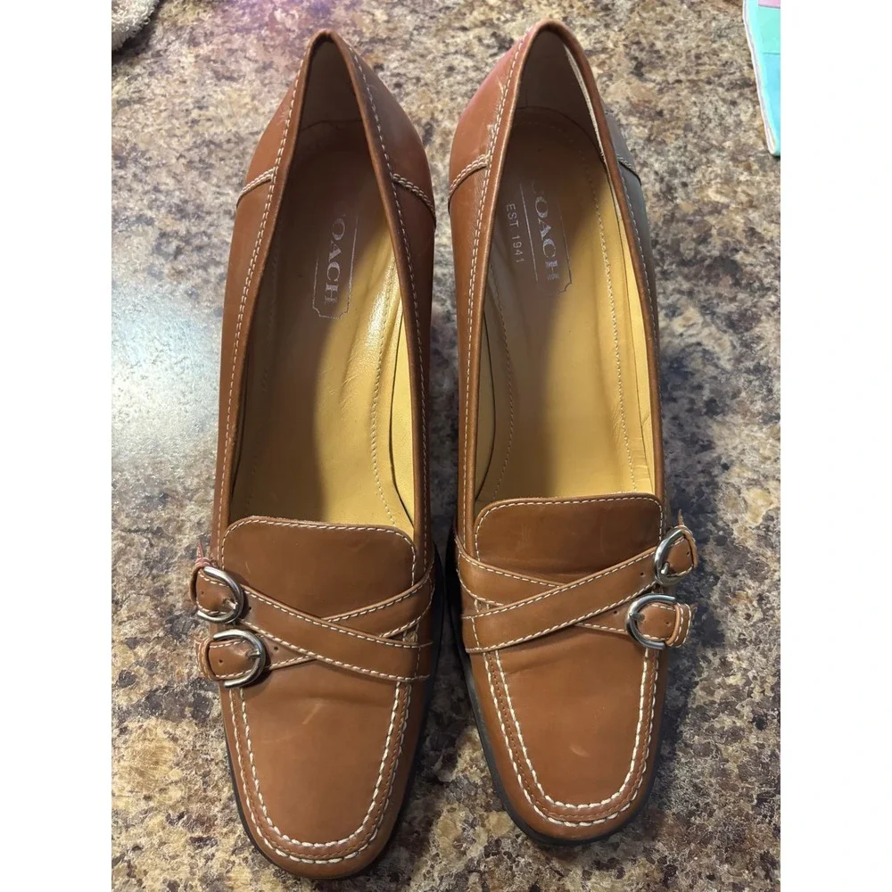 Coach Kristi Tan Leather Block Heel Loafers Buckle Pumps Made in Italy Womens 8B